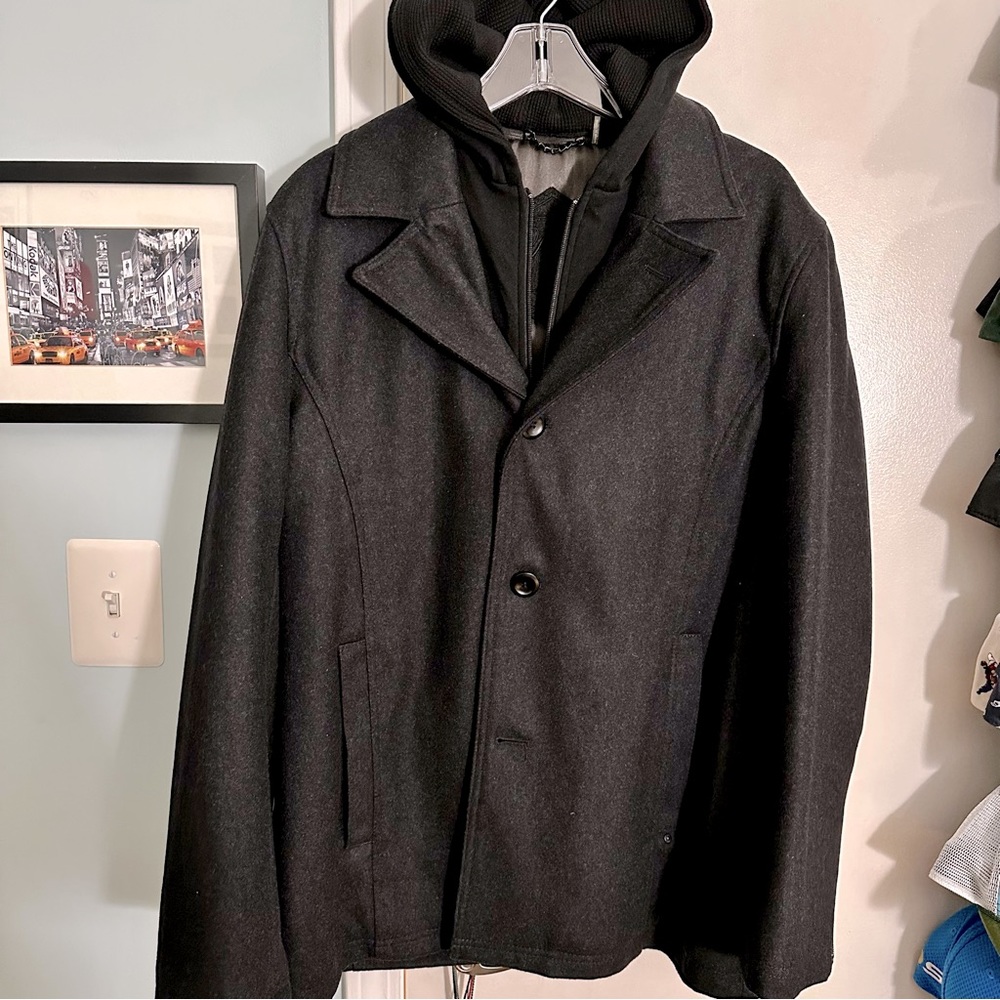 Black Rivet Wool Blend Button Jacket with Integrated Zip Hoodie